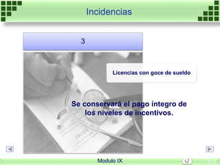 Licencias con goce de sueldo
3
Se conservará el pago íntegro de
los niveles de incentivos.
Incidencias
Modulo IX 211
 
