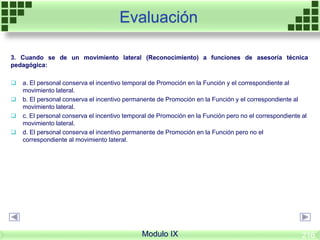 Evaluación
Modulo IX
3. Cuando se de un movimiento lateral (Reconocimiento) a funciones de asesoría técnica
pedagógica:
 a. El personal conserva el incentivo temporal de Promoción en la Función y el correspondiente al
movimiento lateral.
 b. El personal conserva el incentivo permanente de Promoción en la Función y el correspondiente al
movimiento lateral.
 c. El personal conserva el incentivo temporal de Promoción en la Función pero no el correspondiente al
movimiento lateral.
 d. El personal conserva el incentivo permanente de Promoción en la Función pero no el
correspondiente al movimiento lateral.
216
 