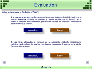 Evaluación
Modulo IX
4. A quienes se les autorice el movimiento de cambios de centro de trabajo, dentro de su
entidad federativa, conforme al programa y criterios establecidos por las AEL, en la
misma o diferente zona económica, perderán los niveles de incentivos, temporales o
permanentes que ostenten.
Verdadero Falso
5. Las horas adicionales al momento de su asignación mediante nombramiento
definitivo, serán sujetas del nivel de incentivo con que cuente el personal en la (s) otra
(s) plaza (s) que ocupa.
Verdadero Falso
Indique si el enunciado es “Verdadero o “Falso” :
217
 