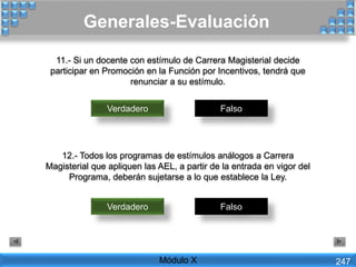 11.- Si un docente con estímulo de Carrera Magisterial decide
participar en Promoción en la Función por Incentivos, tendrá que
renunciar a su estímulo.
Verdadero Falso
12.- Todos los programas de estímulos análogos a Carrera
Magisterial que apliquen las AEL, a partir de la entrada en vigor del
Programa, deberán sujetarse a lo que establece la Ley.
Verdadero Falso
Generales-Evaluación
Módulo X 247
 