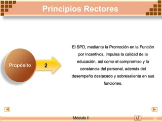 Propósito
El SPD, mediante la Promoción en la Función
por Incentivos, impulsa la calidad de la
educación, así como el compromiso y la
constancia del personal, además del
desempeño destacado y sobresaliente en sus
funciones.
2
Principios Rectores
Módulo II 32
 