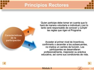 Acceder al primer nivel de Incentivos,
confirmarlo o ascender a los subsecuentes,
no implica un cambio de función. Los
participantes se desarrollaran
profesionalmente, mejorarán su práctica
educativa, así como sus condiciones de vida.
4
5
Quien participe debe tomar en cuenta que lo
hará de manera voluntaria e individual y por lo
tanto será responsable de conocer y cumplir
las reglas que rigen el Programa
Principios Rectores
Características
de la
participación
Módulo II 34
 