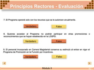 Principios Rectores - Evaluación
FalsoVerdadero
7. El Programa operará solo con los recursos que se le autoricen anualmente.
8. Quienes accedan al Programa no podrán participar en otras promociones o
reconocimientos que se hayan establecido en la LGSPD.
Verdadero Falso
9. El personal incorporado en Carrera Magisterial conserva su estimulo al entrar en vigor el
Programa de Promoción en la Función por Incentivos.
Verdadero Falso
Módulo II 42
 