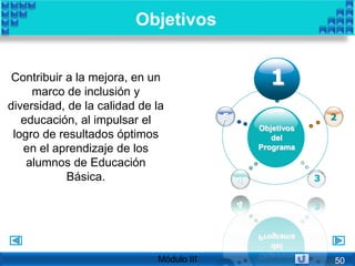 Contribuir a la mejora, en un
marco de inclusión y
diversidad, de la calidad de la
educación, al impulsar el
logro de resultados óptimos
en el aprendizaje de los
alumnos de Educación
Básica.
Objetivos
Objetivos
del
Programa
1
2
3
5
4
11
Módulo III 50
 