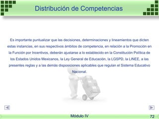 Distribución de Competencias
Es importante puntualizar que las decisiones, determinaciones y lineamientos que dicten
estas instancias, en sus respectivos ámbitos de competencia, en relación a la Promoción en
la Función por Incentivos, deberán ajustarse a lo establecido en la Constitución Política de
los Estados Unidos Mexicanos, la Ley General de Educación, la LGSPD, la LINEE, a las
presentes reglas y a las demás disposiciones aplicables que regulan el Sistema Educativo
Nacional.
Módulo IV 72
 