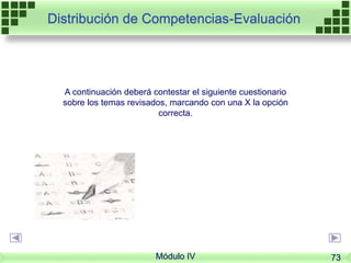 A continuación deberá contestar el siguiente cuestionario
sobre los temas revisados, marcando con una X la opción
correcta.
Distribución de Competencias-Evaluación
Módulo IV 73
 