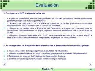 Evaluación
3. Corresponde al INEE, la siguiente atribución:
 a. Expedir los lineamientos a los que se sujetarán la SEP y las AEL para llevar a cabo las evaluaciones
para la Promoción en la Función por Incentivos.
 b. Someter a la consideración de la CNSPD las propuestas de perfiles, parámetros e indicadores
complementarios para la Promoción en la Función por Incentivos.
 c. Determinar los perfiles para la Evaluación del Desempeño, e integrar las propuestas para su
presentación, conjuntamente con las etapas, aspectos, métodos e instrumentos, con la participación de
las AEL.
 d. Formular y presentar anualmente a la CNSPD, la propuesta de escuelas y del personal adscrito a
ellas, que se ubican en localidades de alta pobreza y alejadas de las zonas urbanas.
4. No corresponde a las Autoridades Educativas Locales el desempeño de la atribución siguiente:
 a. Poner a disposición de los participantes sus resultados individualizados.
 b. Someter a consideración de la CNSPD los perfiles, parámetros e indicadores complementarios.
 c. Participar en los procesos de Evaluación del Desempeño y Adicional.
 d. Emitir la convocatoria para la Promoción en la Función por Incentivos.
Módulo IV 75
 