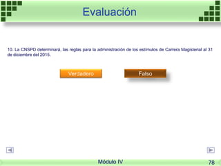 Evaluación
10. La CNSPD determinará, las reglas para la administración de los estímulos de Carrera Magisterial al 31
de diciembre del 2015.
Verdadero Falso
Módulo IV 78
 