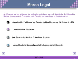 Marco Legal
A diferencia de los sistemas de estímulos anteriores para el Magisterio de Educación
Básica, el programa de Promoción en la Función por Incentivos, se fundamenta en:
Ley del Instituto Nacional para la Evaluación de la Educación
Constitución Política de los Estados Unidos Mexicanos (Artículos 3º y 73)
Ley General del Servicio Profesional Docente
Ley General de Educación
Módulo I 7
 