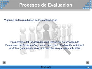 Vigencia de los resultados de las evaluaciones
Para efectos del Programa los resultados de los procesos de
Evaluación del Desempeño y, en su caso, de la Evaluación Adicional,
tendrán vigencia solo en el ciclo escolar en que sean aplicados.
Módulo V
Procesos de Evaluación
Módulo V 98
 