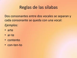 Reglas de las sílabas 
Dos consonantes entre dos vocales se separan y cada consonante se queda con una vocal: 
Ejemplos: 
•arte 
•ar-te 
•contento 
•con-ten-to 
 