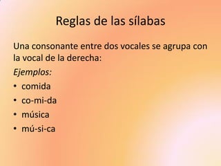Reglas de las sílabas 
Una consonante entre dos vocales se agrupa con la vocal de la derecha: 
Ejemplos: 
•comida 
•co-mi-da 
•música 
•mú-si-ca  