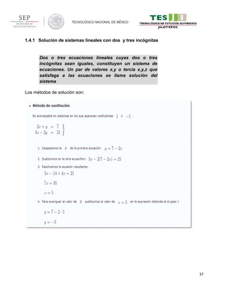 37
1.4.1 Solución de sistemas lineales con dos y tres incógnitas
Los métodos de solución son:
Dos o tres ecuaciones lineal...