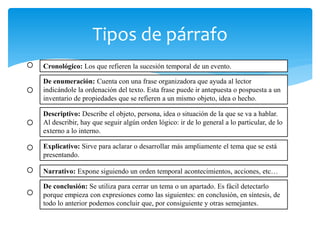 Cronológico: Los que refieren la sucesión temporal de un evento. 
De enumeración: Cuenta con una frase organizadora que ayuda al lector indicándole la ordenación del texto. Esta frase puede ir antepuesta o pospuesta a un inventario de propiedades que se refieren a un mismo objeto, idea o hecho. 
Descriptivo: Describe el objeto, persona, idea o situación de la que se va a hablar. Al describir, hay que seguir algún orden lógico: ir de lo general a lo particular, de lo externo a lo interno. 
Explicativo: Sirve para aclarar o desarrollar más ampliamente el tema que se está presentando. 
Narrativo: Expone siguiendo un orden temporal acontecimientos, acciones, etc… 
De conclusión: Se utiliza para cerrar un tema o un apartado. Es fácil detectarlo porque empieza con expresiones como las siguientes: en conclusión, en síntesis, de todo lo anterior podemos concluir que, por consiguiente y otras semejantes. 
Tipos de párrafo  