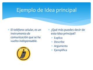 Ejemplo de Idea principal 
El teléfono celular, es un instrumento de comunicación que se ha vuelto indispensable. 
¿Qué más puedes decir de esta idea principal? 
Explica 
Describe 
Argumenta 
Ejemplifica  