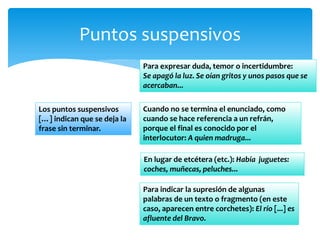 Puntos suspensivos 
Los puntos suspensivos […] indican que se deja la frase sin terminar. 
Para expresar duda, temor o incertidumbre: 
Se apagó la luz. Se oían gritos y unos pasos que se acercaban... 
Cuando no se termina el enunciado, como cuando se hace referencia a un refrán, porque el final es conocido por el interlocutor: A quien madruga... 
En lugar de etcétera (etc.): Había juguetes: coches, muñecas, peluches... 
Para indicar la supresión de algunas palabras de un texto o fragmento (en este caso, aparecen entre corchetes): El río [...] es afluente del Bravo.  