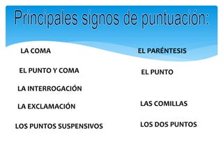 EL PUNTO 
LOS DOS PUNTOS 
LOS PUNTOS SUSPENSIVOS 
LA COMA 
EL PUNTO Y COMA 
LA INTERROGACIÓN LA EXCLAMACIÓN 
EL PARÉNTESIS 
LAS COMILLAS  