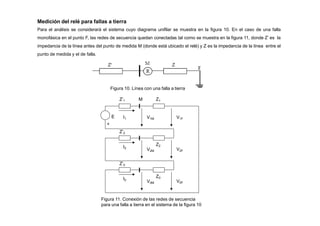 Medición del relé para fallas a tierra
Para el análisis se considerará el sistema cuyo diagrama unifilar se muestra en la figura 10. En el caso de una falla
monofásica en el punto F, las redes de secuencia quedan conectadas tal como se muestra en la figura 11, donde Z’ es la
impedancia de la línea antes del punto de medida M (donde está ubicado el relé) y Z es la impedancia de la línea entre el
punto de medida y el de falla.
E
+
Z’2
Z’0
Figura 10. Línea con una falla a tierra
Z’1 M Z1
V1M
Z2
V2M
Z0
V0M
V1F
V2F
V0F
I1
I2
I0
Figura 11. Conexión de las redes de secuencia
para una falla a tierra en el sistema de la figura 10
 