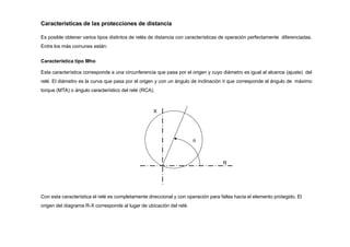 
Características de las protecciones de distancia
Es posible obtener varios tipos distintos de relés de distancia con características de operación perfectamente diferenciadas.
Entre los más comunes están:
Característica tipo Mho
Esta característica corresponde a una circunferencia que pasa por el origen y cuyo diámetro es igual al alcance (ajuste) del
relé. El diámetro es la curva que pasa por el origen y con un ángulo de inclinación  que corresponde al ángulo de máximo
torque (MTA) o ángulo característico del relé (RCA).
X
R
Con esta característica el relé es completamente direccional y con operación para fallas hacia el elemento protegido. El
origen del diagrama R-X corresponde al lugar de ubicación del relé.
 