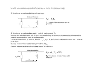Z0
I0
V0
La red de secuencia cero depende de la forma en que se aterrice el neutro del generador.
•Si el neutro del generador está solidamente aterrizado:
Barra de referencia
V0  I0 Z0
Z0 = impedancia de secuencia cero del
generador
Z0g+3Zn
I0
V0
•Si el neutro del generador está aterrizado a través de una impedancia Zn:
El voltaje de la red de secuencia cero es igual a la suma del voltaje de secuencia cero a través del generador más el
voltaje de secuencia cero a través de la impedancia Zn.
A través de la impedancia Zn circula In, donde In = IA+ IB+ IC = 3I0. Por lo tanto el voltaje de secuencia cero a través de
Zn es -3I0Zn.
El voltaje de secuencia cero a través del generador es -I0Z0g.
Entonces el voltaje de secuencia cero para el sistema es -I0(Z0g+3Zn)
Barra de referencia
V0  I0 (Z0 g  3Zn)
Z0g = impedancia de secuencia cero del
generador
 