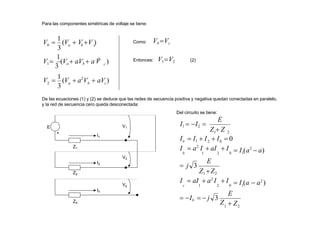 Para las componentes simétricas de voltaje se tiene:
3
)
1
3
2
b c
2 a
c
b c
0 a
V 
1
(V  a2
V  aV )
V1
3
(Va  aVb  a V
V 
1
(V  V V ) Como: Vb Vc
Entonces: V1V2 (2)
E
+
Z1
I1
V1
I2
V2
Z0
I0
V0
Z2
2
1
E
Z  Z
I1  I2 
De las ecuaciones (1) y (2) se deduce que las redes de secuencia positiva y negativa quedan conectadas en paralelo,
y la red de secuencia cero queda desconectada:
Del circuito se tiene:
2
1
1
0
1
0
2 0
E
E
 Z
 Ib   j 3
Z
 I (a  a2
)
I  aI  a2
I  I
c 1 2
Z1 Z2
 j 3
 I (a2
 a)
I  a2
I  aI  I
b 1 2
Ia  I1  I  I  0
 