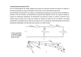 Transformadores de potencial (TP)
Son los transformadores de medida utilizados para reducir las tensiones primarias del sistema de potencia a
tensiones secundarias de rangos normalizados (110-120 volt), en forma directamente proporcional.
El transformador de potencial es muy similar a un transformador de potencia ya que ambos tienen la finalidad de
cambiar el nivel de la tensión. Un transformador de potencia está destinado a servir una carga sin exceder un
aumento de temperatura especificado. El transformador de potencial se define, en cambio, en términos de la
máxima carga (o burden) que es capaz de entregar sin exceder los límites de error de relación y de ángulo
especificados; esto significa que la carga que es capaz de servir, sin exceder los valores permitidos de aumento de
temperatura, puede llegar a ser hasta diez veces superior a su burden nominal.
Circuito equivalente
y diagrama fasorial
de un TP referidos
al lado primario
 