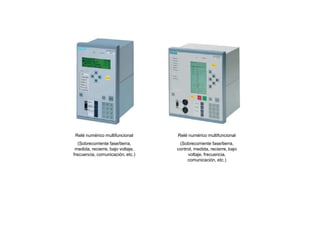 Relé numérico multifuncional
(Sobrecorriente fase/tierra,
medida, recierre, bajo voltaje,
frecuencia, comunicación, etc.)
Relé numérico multifuncional
(Sobrecorriente fase/tierra,
control, medida, recierre, bajo
voltaje, frecuencia,
comunicación, etc.)
 