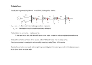 1 2
Fb
3
Fc
4
Fd
G
110
kV
Fa
14

10

16

25

Z1G  14 ||14  7 Generación máxima (dos generadores enparalelo)
Generación mínima (un generador en fuera de servicio)
Z1G 14
Relés de fases
Se dibuja el diagrama de impedancias en secuencia positiva para el sistema:
14
A B C D
Reducir todos los parámetros a una base común.
En este caso hay un solo nivel de tensión por lo que se puede trabajar con valores directos de los parámetros
Calcular las corrientes nominales de los equipos, reduciéndolas además al nivel de voltaje común.
Para todos los relés, la capacidad de la línea es 460 Amperios y de los TCs es 600 Amperios
Calcular las corrientes máximas de falla (con plena generación) y las mínimas (con generación mínima) para cada uno
de los puntos donde se ubican relés.
 