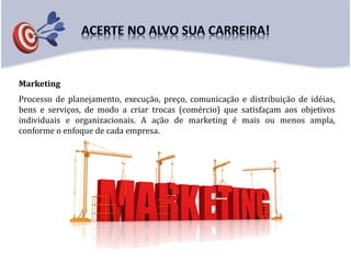 Marketing
Processo de planejamento, execução, preço, comunicação e distribuição de idéias,
bens e serviços, de modo a criar trocas (comércio) que satisfaçam aos objetivos
individuais e organizacionais. A ação de marketing é mais ou menos ampla,
conforme o enfoque de cada empresa.
 