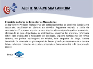 Descrição do Cargo de Repositor de Mercadorias
Os repositores vendem mercadorias em estabelecimentos do comércio varejista ou
atacadista, auxiliando os clientes na escolha. Registram entrada e saída de
mercadorias. Promovem a venda de mercadorias, demonstrando seu funcionamento,
oferecendo-as para degustação ou distribuindo amostras das mesmas. Informam
sobre suas qualidades e vantagens de aquisição. Expõem mercadorias de forma
atrativa, em pontos estratégicos de vendas, com etiquetas de preço. Fazem
inventário de mercadorias para reposição, fazem giro de produtos com vencimento
baixo, elaboram relatórios de vendas, promoções, demonstrações e de pesquisa de
preços.
Fonte:
 