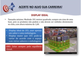 • Tamanho mínimo: Medindo 1X1 metros quadrado, sempre em cima de uma
base, pois os produtos não podem e não devem ser exibidos diretemente
no chão, com altura máxima de 1,60.
• Display ideal de 1X1, usar apenas
um sabor e uma embalagem.
• Display maior que 1X1 pode-se
variar de acordo com o espaço
com vários sabores e embalagens.
OBS: Zelar sempre pelo equilíbrio
visual.
 