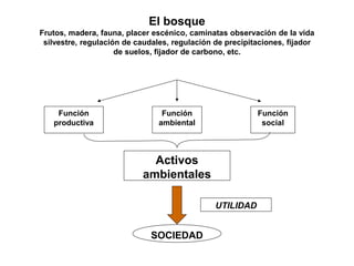 Función
productiva
Función
ambiental
Función
social
Activos
ambientales
SOCIEDAD
UTILIDAD
El bosque
Frutos, madera, fauna, placer escénico, caminatas observación de la vida
silvestre, regulación de caudales, regulación de precipitaciones, fijador
de suelos, fijador de carbono, etc.
 
