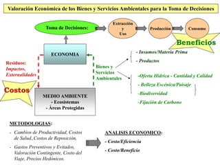 ANALISIS ECONOMICO:
- Costo/Eficiencia
- Costo/Beneficio
MEDIO AMBIENTE
- Ecosistemas
- Áreas Protegidas
ECONOMIA
Residuos:
Impactos,
Externalidades
Bienes y
Servicios
Ambientales
- Insumos/Materia Prima
- Productos
-Oferta Hídrica - Cantidad y Calidad
- Belleza Escénica/Paisaje
-Biodiversidad
-Fijación de Carbono
METODOLOGIAS:
- Cambios de Productividad, Costos
de Salud,,Costos de Reposición,
- Gastos Preventivos y Evitados,
Valoración Contingente, Costo del
Viaje, Precios Hedónicos.
Valoración Económica de los Bienes y Servicios Ambientales para la Toma de Decisiones
Toma de Decisiones:
Extracción
y
Uso
Producción
Beneficios
Costos
Consumo
 