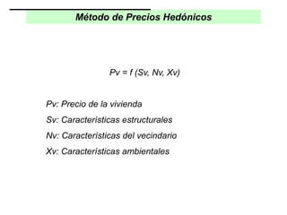 Método de Precios Hedónicos
Pv = f (Sv, Nv, Xv)
Pv: Precio de la vivienda
Sv: Características estructurales
Nv: Características del vecindario
Xv: Características ambientales
 
