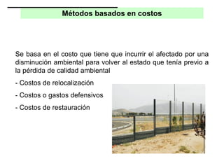 Métodos basados en costos
Se basa en el costo que tiene que incurrir el afectado por una
disminución ambiental para volver al estado que tenía previo a
la pérdida de calidad ambiental
- Costos de relocalización
- Costos o gastos defensivos
- Costos de restauración
 