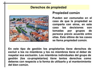 Derechos de propiedad
Propiedad común
Pueden ser comunales en el
caso de que la propiedad se
comparta con otros, en este
caso las decisiones son
tomadas por grupos de
persona previo acuerdo entre
ellas. Este último de los casos
se llama propiedad común.
En este tipo de gestión los propietarios tiene derechos de
excluir a los no miembros y los no miembros tiene el deber de
respetar esa exclusión. Los miembros individuales del grupo de
gestión (los co-propietarios) tiene tantos derechos como
deberes con respecto a la forma de utilizarlo y al mantenimiento
del bien común.
 