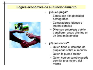 Lógica económica de su funcionamiento
• ¿Quién paga?
– Zonas con alta densidad
demográfica
– Compradores lejanos e
internacionales
– Diversas empresas que lo
transfieren a sus clientes en
un área más amplia
• ¿Quién cobra?
– Quien tiene el derecho de
propiedad sobre el recurso
– Quien lo puede cuidar
– Quien con un cambio puede
permitir una mejora del
mismo
 