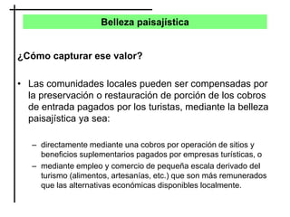 Belleza paisajística
¿Cómo capturar ese valor?
• Las comunidades locales pueden ser compensadas por
la preservación o restauración de porción de los cobros
de entrada pagados por los turistas, mediante la belleza
paisajística ya sea:
– directamente mediante una cobros por operación de sitios y
beneficios suplementarios pagados por empresas turísticas, o
– mediante empleo y comercio de pequeña escala derivado del
turismo (alimentos, artesanías, etc.) que son más remunerados
que las alternativas económicas disponibles localmente.
 