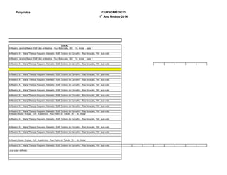 Psiquiatra CURSO MÉDICO
1o
Ano Médico 2014
LOCAL
Anfiteatro Jandira Masur- Edif. dos anfiteatros - Rua Botucuatu, 862 - 1o. Andar - sala 1
Anfiteatro A - Maria Thereza Nogueira Azevedo - Edif. Octávio de Carvalho - Rua Botucatu, 740 - sub-solo
Anfiteatro Jandira Masur- Edif. dos anfiteatros - Rua Botucuatu, 862 - 1o. Andar - sala 1
Anfiteatro A - Maria Thereza Nogueira Azevedo - Edif. Octávio de Carvalho - Rua Botucatu, 740 - sub-solo
Anfiteatro A - Maria Thereza Nogueira Azevedo - Edif. Octávio de Carvalho - Rua Botucatu, 740 - sub-solo
Anfiteatro A - Maria Thereza Nogueira Azevedo - Edif. Octávio de Carvalho - Rua Botucatu, 740 - sub-solo
Anfiteatro A - Maria Thereza Nogueira Azevedo - Edif. Octávio de Carvalho - Rua Botucatu, 740 - sub-solo
Anfiteatro A - Maria Thereza Nogueira Azevedo - Edif. Octávio de Carvalho - Rua Botucatu, 740 - sub-solo
Anfiteatro A - Maria Thereza Nogueira Azevedo - Edif. Octávio de Carvalho - Rua Botucatu, 740 - sub-solo
Anfiteatro A - Maria Thereza Nogueira Azevedo - Edif. Octávio de Carvalho - Rua Botucatu, 740 - sub-solo
Anfiteatro A - Maria Thereza Nogueira Azevedo - Edif. Octávio de Carvalho - Rua Botucatu, 740 - sub-solo
Anfiteatro A - Maria Thereza Nogueira Azevedo - Edif. Octávio de Carvalho - Rua Botucatu, 740 - sub-solo
Anfiteatro Nader Wafae - Edif. Acadêmico - Rua Pedro de Toledo, 781 - 3o. Andar
Anfiteatro A - Maria Thereza Nogueira Azevedo - Edif. Octávio de Carvalho - Rua Botucatu, 740 - sub-solo
Anfiteatro A - Maria Thereza Nogueira Azevedo - Edif. Octávio de Carvalho - Rua Botucatu, 740 - sub-solo
Anfiteatro A - Maria Thereza Nogueira Azevedo - Edif. Octávio de Carvalho - Rua Botucatu, 740 - sub-solo
Anfiteatro Nader Wafae - Edif. Acadêmico - Rua Pedro de Toledo, 781 - 3o. Andar
Anfiteatro A - Maria Thereza Nogueira Azevedo - Edif. Octávio de Carvalho - Rua Botucatu, 740 - sub-solo
Local a ser definido
 