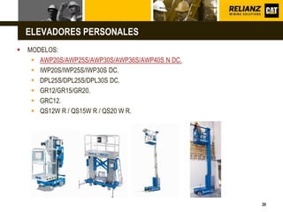 L o g o
20
 MODELOS:
 AWP20S/AWP25S/AWP30S/AWP36S/AWP40S N DC.
 IWP20S/IWP25S/IWP30S DC.
 DPL25S/DPL25S/DPL30S DC.
 GR12/GR15/GR20.
 GRC12.
 QS12W R / QS15W R / QS20 W R.
ELEVADORES PERSONALES
 