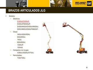 L o g o
23
 Modelos:
 Eléctricos:
▪ E300AJ/E300AJP.
▪ E400AJP/M400AJP.
▪ E450A/M450A/E450AJ/M450AJ.
▪ E600J/M600J/E600JP/M600JP.
 Diesel:
▪ 340AJ/450A/450AJ.
▪ 600A/600AJ.
▪ 740AJ.
▪ 800A/800AJ.
▪ 1250AJP.
▪ 150HAX
 Compactos con orugas:
▪ X390AJ/X550AJ/X770AJ
 Remolcables:
▪ T350/T500J.
BRAZOS ARTICULADOS JLG
 