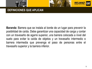 L o g o
5
Baranda: Barrera que se instala al borde de un lugar para prevenir la
posibilidad de caída. Debe garantizar una capacidad de carga y contar
con un travesaño de agarre superior, una barrera colocada a nivel del
suelo para evitar la caída de objetos y un travesaño intermedio o
barrera intermedia que prevenga el paso de personas entre el
travesaño superior y la barrera inferior.
DEFINICIONES QUE APLICAN
 