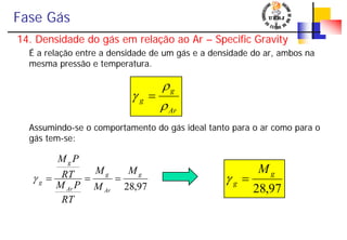 Fase Gás
14. Densidade do gás em relação ao Ar – Specific Gravity
É a relação entre a densidade de um gás e a densidade do ar, ambos na
mesma pressão e temperatura.
Assumindo-se o comportamento do gás ideal tanto para o ar como para o
gás tem-se:
Ar
g
g
ρ
ρ
γ =
97,28
g
Ar
g
Ar
g
g
M
M
M
RT
PM
RT
PM
===γ
97,28
g
g
M
=γ
 