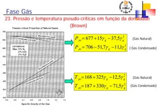 Fase Gás
23. Pressão e temperatura pseudo-críticas em função da densidade
(Brown)
2
2
1,117,51706
5,3715677
ggpc
ggpc
P
P
γγ
γγ
−−=
−+= (Gás Natural)
( Gás Condensado)
2
2
5,71330187
5,12325168
ggpc
ggpc
T
T
γγ
γγ
−+=
−+= (Gás Natural)
(Gás Condensado)
 