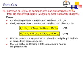 Fase Gás
25. Correção do efeito de componentes não-hidrocarbonetos no
fator de compressibilidade (Método de Carr-Kobayashi-Burrows)
Passos:
Calcula-se a pressão e a temperatura pseudo-crítica do gás.
Corrige-se a pressão e a temperatura pseudo-crítica pelas fórmulas:
Usa-se a pressão e a temperatura pseudo-crítica corrigidas para calcular
as propriedades pseudo-reduzidas.
Usa-se o gráfico de Standing e Katz para calcular o fator de
compressibilidade
222 25013080 NSHCOpc
cor
pc yyyTT −+−=
222 170600440 NSHCOpc
cor
pc yyyPP −++= (psia)
(oR)
 