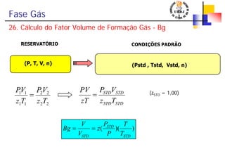 Fase Gás
26. Cálculo do Fator Volume de Formação Gás - Bg
(P, T, V, n)
RESERVATÓRIO
(Pstd , Tstd, Vstd, n)
CONDIÇÕES PADRÃO
22
22
11
11
Tz
VP
Tz
VP
=
STDSTD
STDSTD
Tz
VP
zT
PV
=
))((
STD
STD
STD T
T
P
P
z
V
V
Bg ==
(zSTD = 1,00)
 