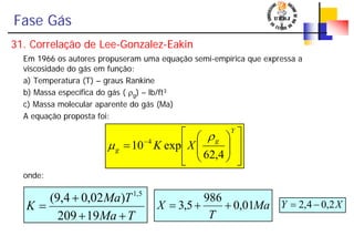Fase Gás
31. Correlação de Lee-Gonzalez-Eakin
Em 1966 os autores propuseram uma equação semi-empírica que expressa a
viscosidade do gás em função:
a) Temperatura (T) – graus Rankine
b) Massa específica do gás ( ρg) – lb/ft3
c) Massa molecular aparente do gás (Ma)
A equação proposta foi:
onde:
⎥
⎥
⎦
⎤
⎢
⎢
⎣
⎡
⎟⎟
⎠
⎞
⎜⎜
⎝
⎛
= −
Y
g
g XK
4,62
exp10 4
ρ
μ
TMa
TMa
K
++
+
=
19209
)02,04,9( 5,1
Ma
T
X 01,0
986
5,3 ++= XY 2,04,2 −=
 