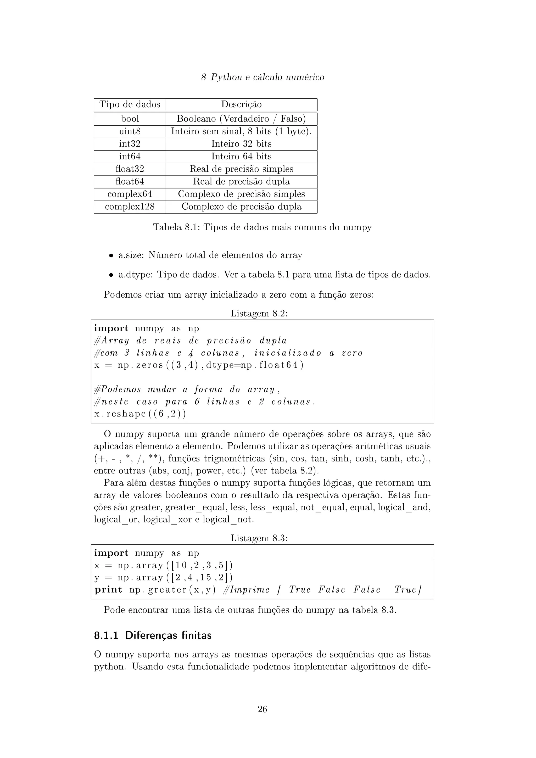 8 Python e cálculo numérico
Tipo de dados Descrição
bool Booleano (Verdadeiro / Falso)
uint8 Inteiro sem sinal, 8 bits (1 byte).
int32 Inteiro 32 bits
int64 Inteiro 64 bits
oat32 Real de precisão simples
oat64 Real de precisão dupla
complex64 Complexo de precisão simples
complex128 Complexo de precisão dupla
Tabela 8.1: Tipos de dados mais comuns do numpy
ˆ a.size: Número total de elementos do array
ˆ a.dtype: Tipo de dados. Ver a tabela 8.1 para uma lista de tipos de dados.
Podemos criar um array inicializado a zero com a função zeros:
Listagem 8.2:
import numpy a s np
#Array de reais de precisão dupla
#com 3 linhas e 4 colunas , i n i c i a l i z a d o a zero
x = np . z e r o s ( ( 3 , 4 ) , dtype=np . f l o a t 6 4 )
#Podemos mudar a forma do array ,
#neste caso para 6 linhas e 2 colunas .
x . r e s h a p e ( ( 6 , 2 ) )
O numpy suporta um grande número de operações sobre os arrays, que são
aplicadas elemento a elemento. Podemos utilizar as operações aritméticas usuais
(+, - , *, /, **), funções trignométricas (sin, cos, tan, sinh, cosh, tanh, etc.).,
entre outras (abs, conj, power, etc.) (ver tabela 8.2).
Para além destas funções o numpy suporta funções lógicas, que retornam um
array de valores booleanos com o resultado da respectiva operação. Estas fun-
ções são greater, greater_equal, less, less_equal, not_equal, equal, logical_and,
logical_or, logical_xor e logical_not.
Listagem 8.3:
import numpy a s np
x = np . a r r a y ( [ 1 0 , 2 , 3 , 5 ] )
y = np . a r r a y ( [ 2 , 4 , 1 5 , 2 ] )
print np . g r e a t e r ( x , y ) #Imprime [ True False False True ]
Pode encontrar uma lista de outras funções do numpy na tabela 8.3.
8.1.1 Diferenças nitas
O numpy suporta nos arrays as mesmas operações de sequências que as listas
python. Usando esta funcionalidade podemos implementar algoritmos de dife-
26
 