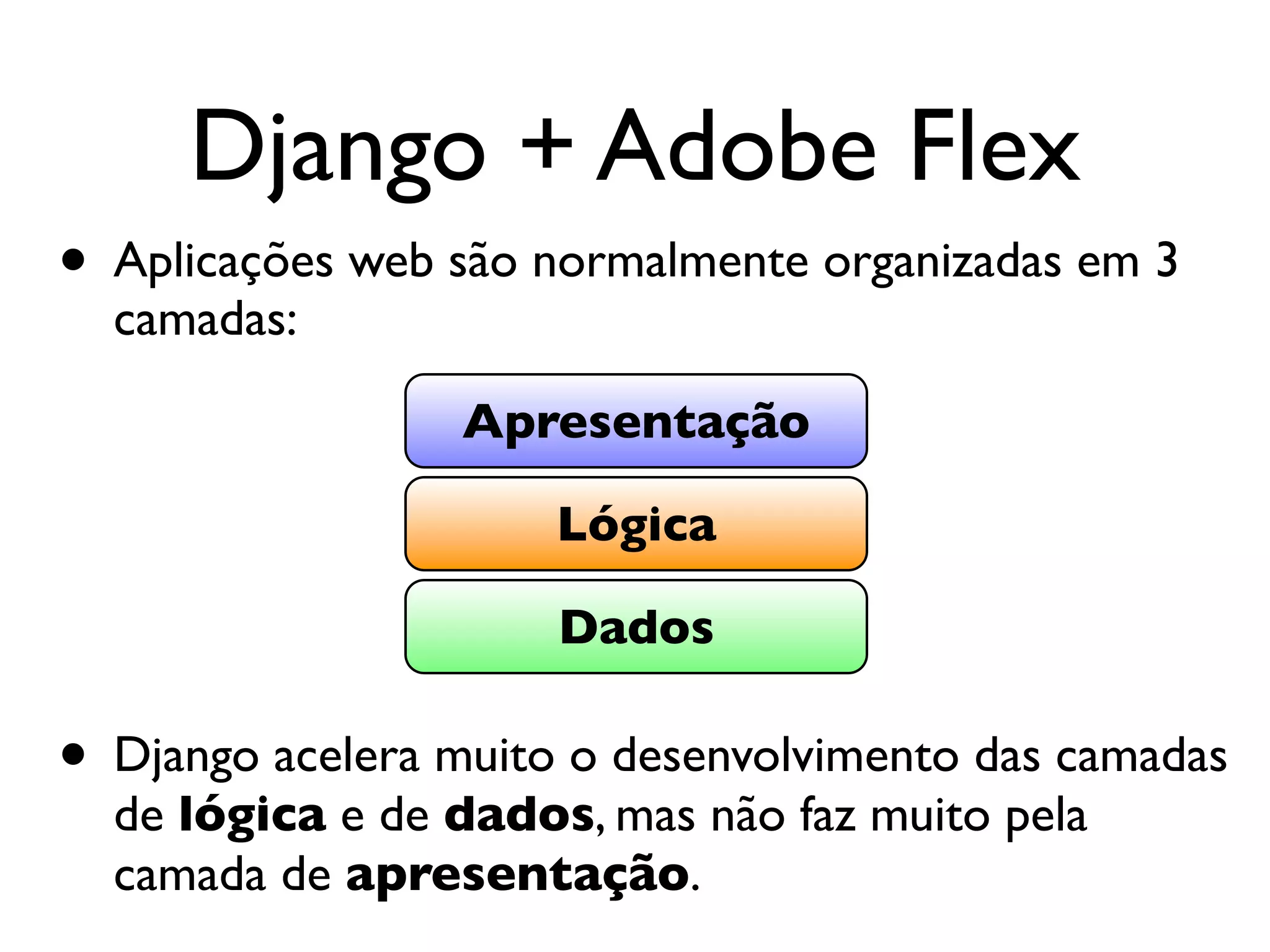 Django + Adobe Flex • Aplicações web são normalmente organizadas em 3 camadas: Apresentação Lógica Dados • Django acelera muito o desenvolvimento das camadas de lógica e de dados, mas não faz muito pela camada de apresentação. 