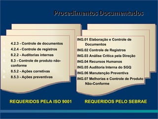 ING.01 Elaboração e Controle de
1.   4.2.3 - Controle de documentos       Documentos
2.   4.2.4 - Controle de registros    ING.02 Controle de Registros
3.   8.2.2 - Auditorias internas      ING.03 Análise Crítica pela Direção
4.   8.3 - Controle de produto não-   ING.04 Recursos Humanos
     conforme                         ING.05 Auditoria Interna do SGQ
5.   8.5.2 - Ações corretivas         ING.06 Manutenção Preventiva
6.   8.5.3 - Ações preventivas        ING.07 Melhorias e Controle de Produto
                                          Não-Conforme




     REQUERIDOS PELA ISO 9001             REQUERIDOS PELO SEBRAE
 